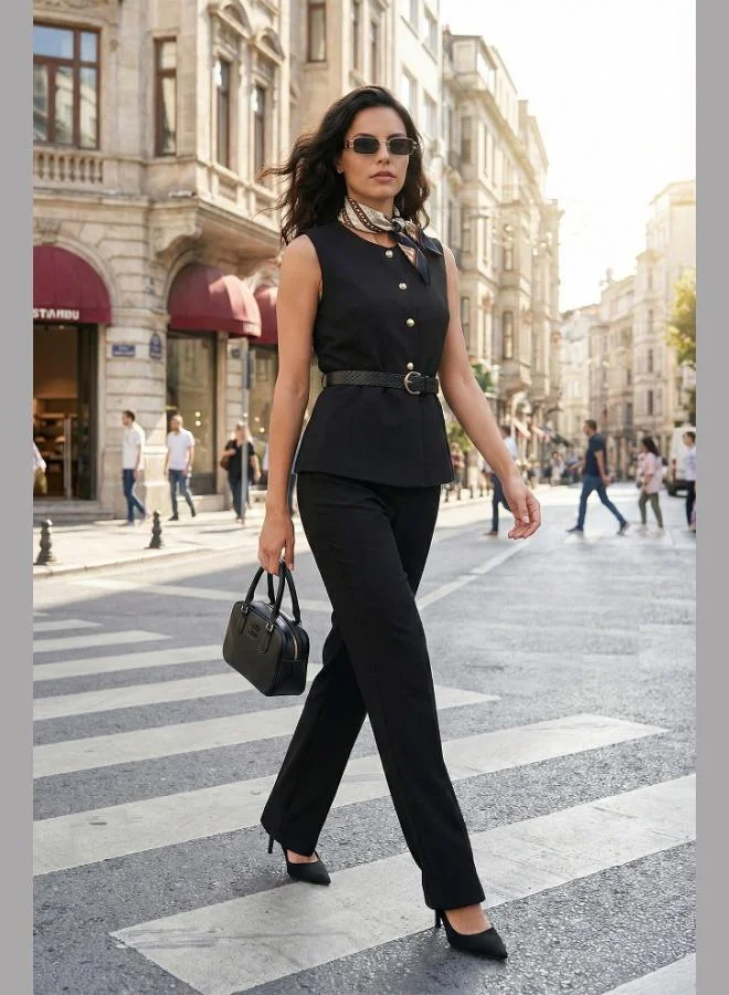 ليلا Lela Regular Fit Button Belt Detail Vest Suit Women's SET 6928891